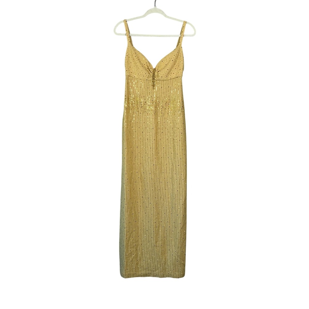 St John Evening Marie Gray Gold Sequin Crystal Metallic Knit Maxi Gown Dress 4